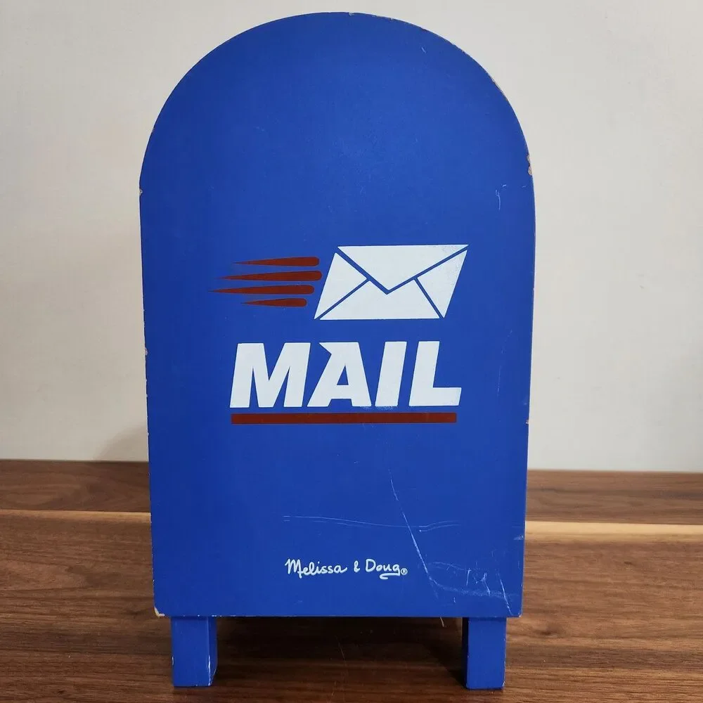 Melissa & Doug Stamp & Sort Post Office Wood Mailbox Letters Stamps Key Postcard